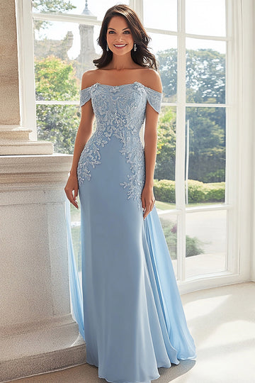 Elégant bleu ciel dénudé gaine en mousseline de soie longue mère de la mariée avec appliques de dentelle